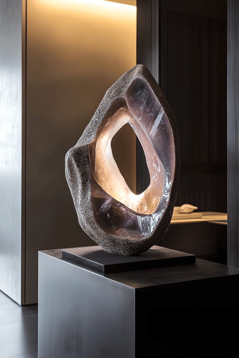 An abstract resin sculpture with vibrant pigments and embedded crystals serves as the centerpiece on a low, matte black table. The sculpture is illuminated by subtle spot lighting, enhancing its depth and color contrasts. The surrounding minimalist interior features clean lines and monochromatic tones.