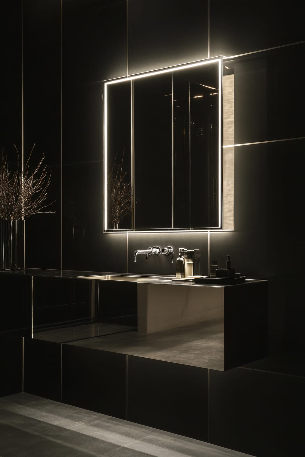 A modern bathroom featuring a large chrome-framed mirror above a sleek vanity. The room has dark tiles and minimalist decor, including a few branches in tall glass vases and well-arranged toiletries on the countertop. The lighting is dramatic, accentuating the clean and elegant design of the space.