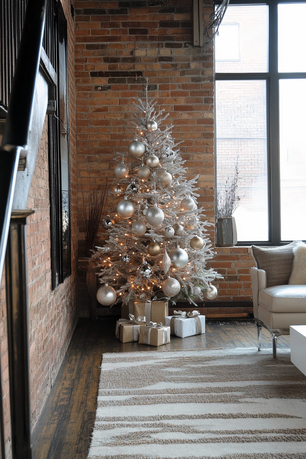 A modern loft interior showcasing a stylish Christmas setup. A frosted Christmas tree adorned with silver and gold ornaments, as well as warm white lights, stands against an exposed brick wall. Wrapped gifts in coordinating silver and beige paper with white ribbons are neatly placed under the tree. The room features a large, grid-pattern window allowing ample natural light to flood the space. To the right is a plush, white armchair with cream pillows and a minimalist white coffee table. On the floor, a contemporary beige and white striped rug ties the area together, while industrial metal railings appear on the left.