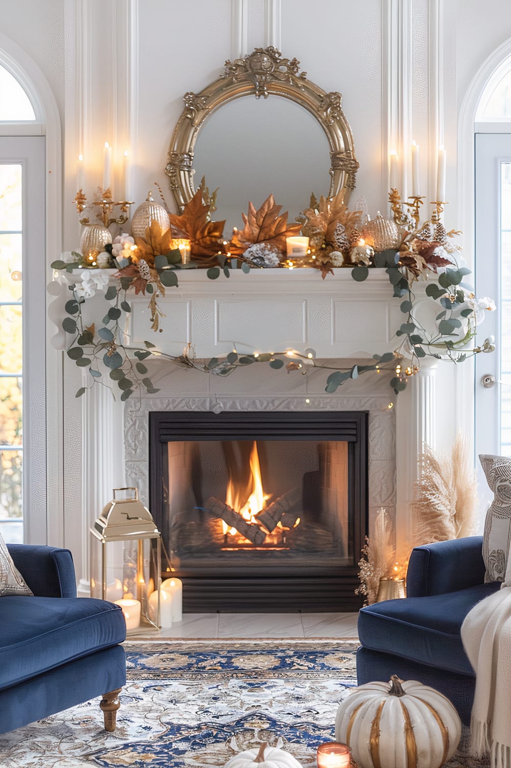 A warmly lit living room with a decorated fireplace. The fireplace mantel is adorned with candles, autumn leaves, and a garland of eucalyptus. Above the mantel hangs an ornate gold mirror. Below, a gas fire burns brightly, flanked by large golden lanterns and candles on the floor. Two plush navy-blue armchairs sit opposite each other, with a richly patterned rug in blue, beige, and white on the floor. Decorative white pumpkins and dried grasses add seasonal touches to the scene.