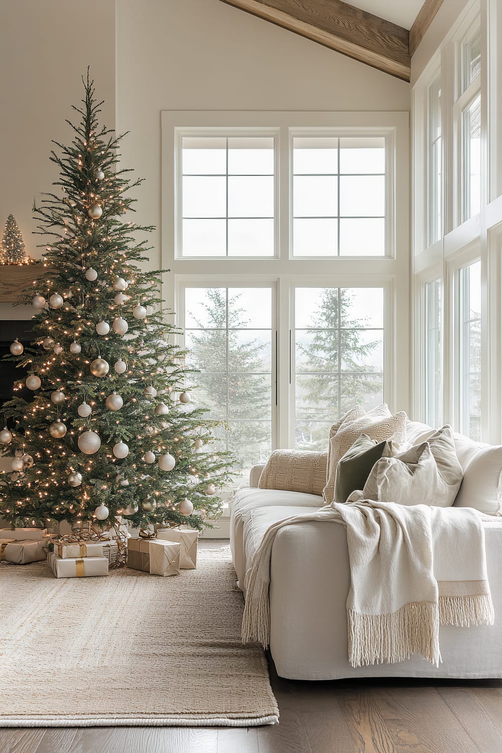 This image showcases a beautifully decorated living room with a high ceiling and large windows, allowing natural light to flood the space. An elegantly adorned Christmas tree, with white and gold ornaments and twinkling lights, stands to the left. Wrapped presents are placed under the tree. On the right, a comfortable beige sofa is adorned with plush throw blankets and a variety of pillows. The room has a large, textured area rug that complements the wooden floor and neutral color scheme.