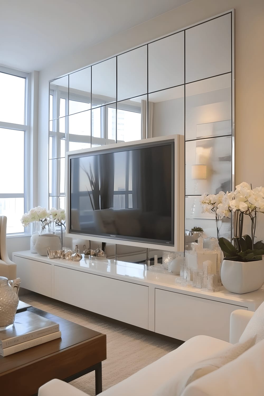 A modern minimalist living room put together with a flat screen television mounted on a wall that is artistically decorated with a series of large, circular mirrors giving the illusion of a larger space. Neutral colored, minimalistic shelving accompanies the mirrors without overpowering the television.