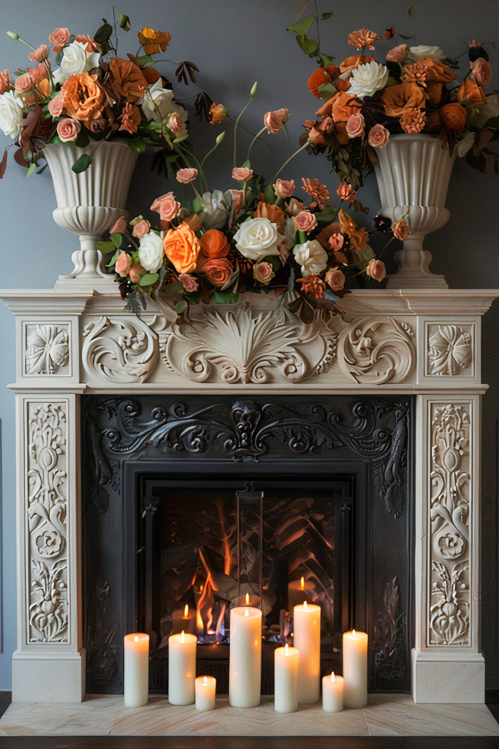 An ornately decorated fireplace features a mix of carved details and floral arrangements. Atop the mantle, two large vases overflow with a variety of orange and cream flowers with green foliage. Below, several pillar candles of varying heights are lit, adding a warm glow in front of the dark, intricately wrought iron firebox with a small fire burning within.