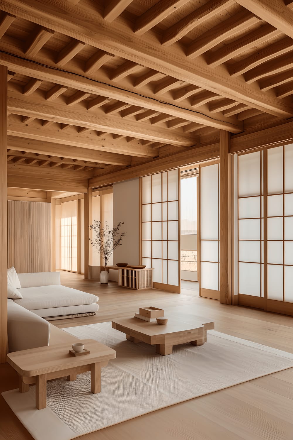 A modern and spacious living room characterized by traditional Korean hanok architecture. It features large, clear windows paneled with hanji paper doors, minimalist furniture arranged harmoniously within the space, and wooden beams supporting the high ceiling. The room displays a balanced color scheme of natural wood tones and neutral hues.