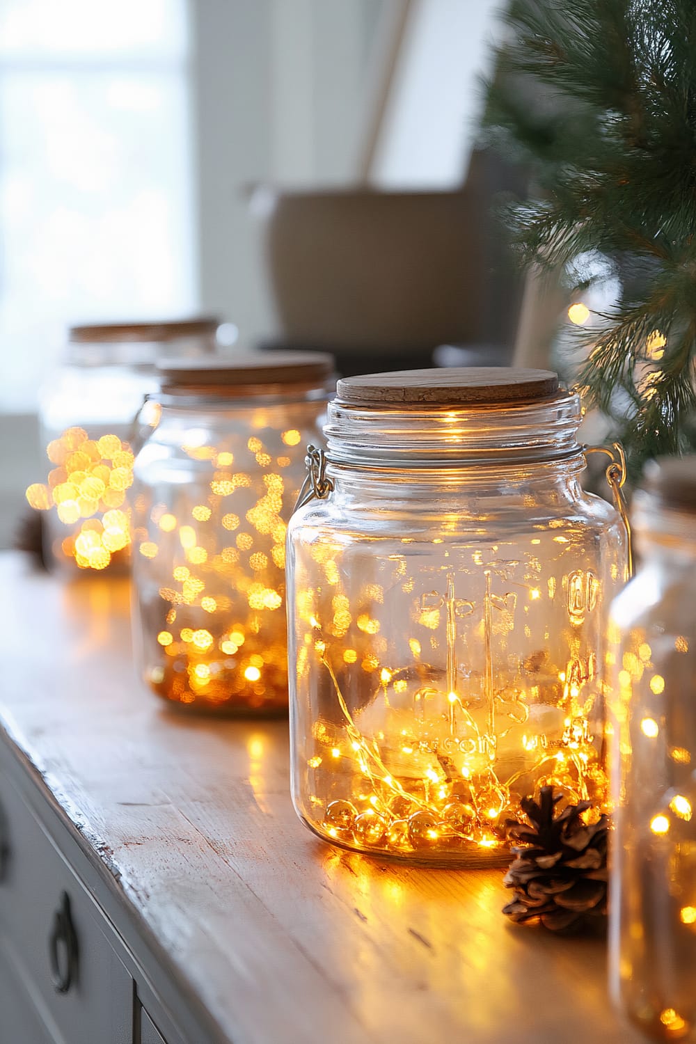 Close-up of a row of large glass jars filled with warm, glowing fairy lights, placed on a wooden surface. Each jar has a round wooden lid, and there is a small pinecone in front of the nearest jar to the right. A blurred evergreen branch is visible in the background, adding a touch of greenery to the scene.