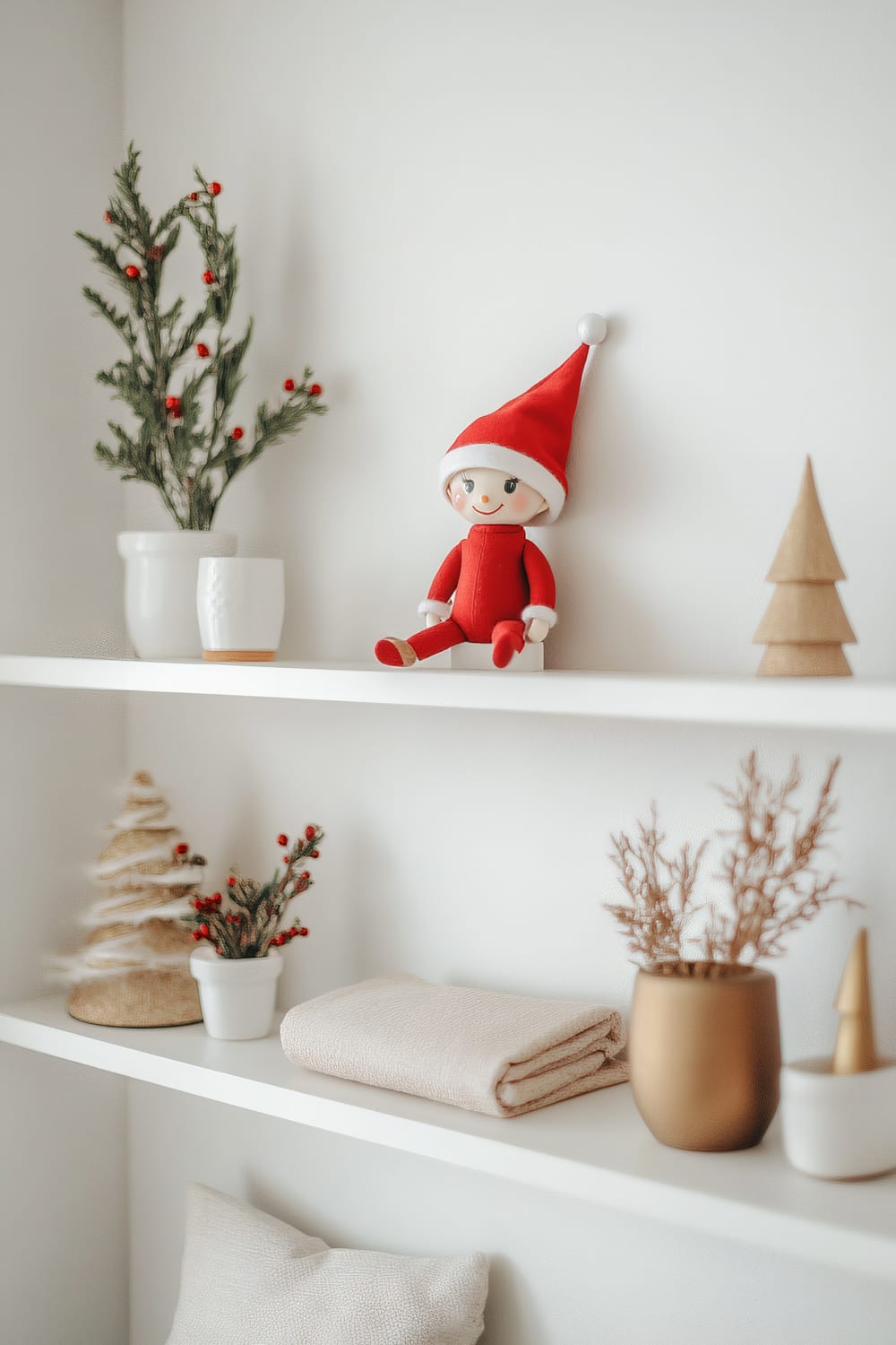 A shelf with various decorative items including an elf toy dressed in a red outfit with a Santa hat, small Christmas trees, a potted plant with red berries, a folded beige blanket, a pillow, and a gold-colored vase with dried twigs, all set against a white background.