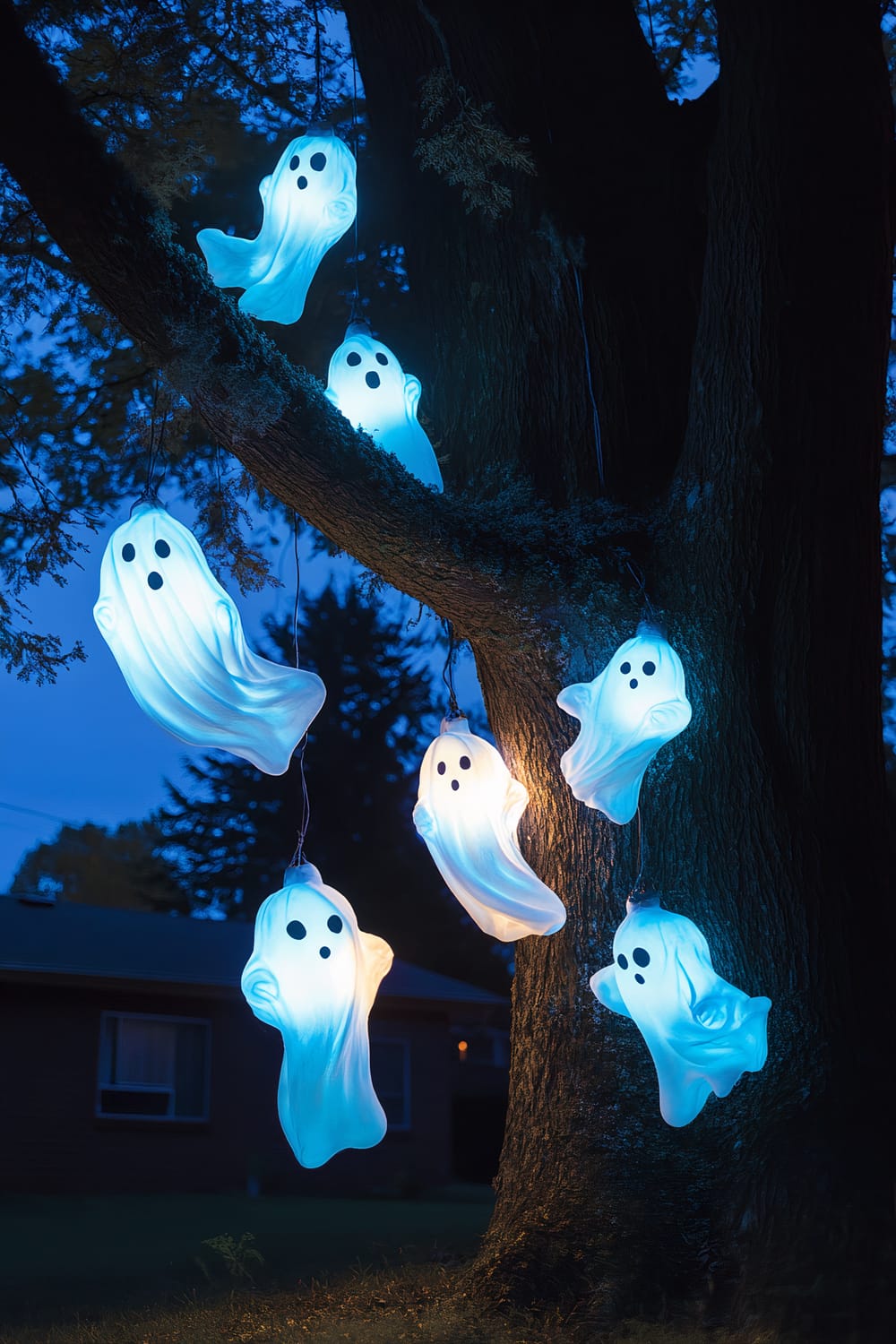 A nighttime Halloween scene showing several ghost-shaped lanterns hanging from the branches of a large tree in a suburban backyard. The lanterns emit a soft, ghostly glow in white and pale blue, creating an ethereal effect against the dark, leafless branches. The sky is clear and starry, with subtle ambient lighting enhancing the lanterns' spooky glow.