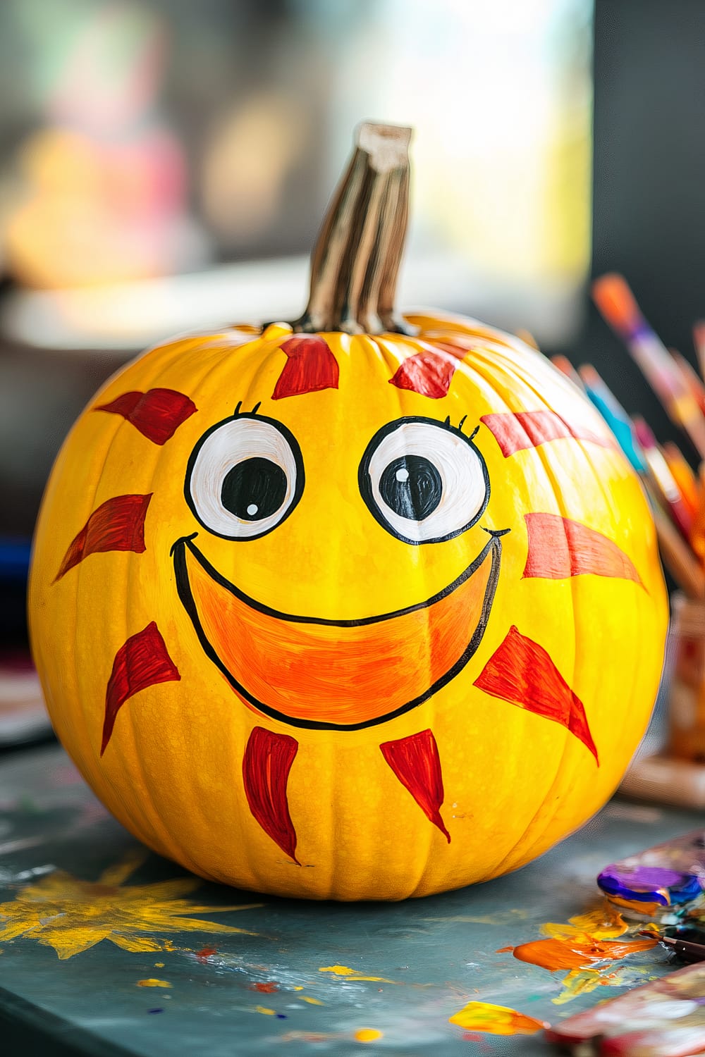 Close-up of a yellow pumpkin painted with a smiling, sun-like face featuring large, wide eyes and a broad smile. Red rays extend from the face creating a sun motif. The background is blurred with various colored paints and brushes visible, indicating a creative studio or crafting environment.