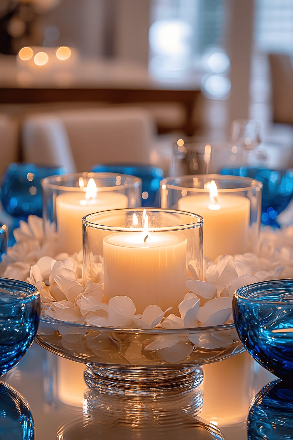 A romantic dining table showcasing a centerpiece featuring white floating candles in a glass bowl filled with water and delicate petals, surrounded by a blue and gold Murano glass sculpture. Gondola-themed decor and reflective lighting enhance the serene yet glamorous ambiance.