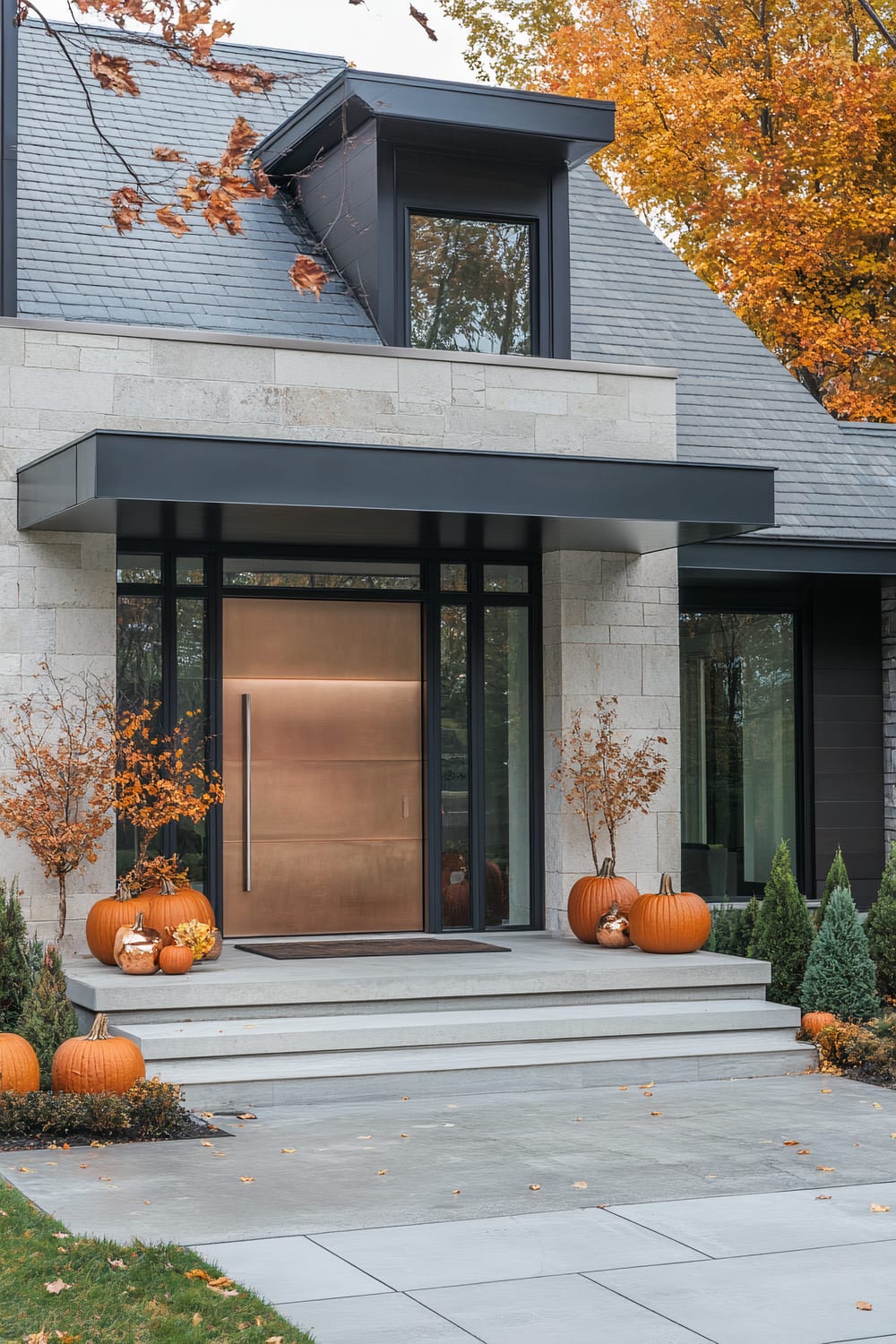 The image shows the entrance of a modern house with a fall-themed decor. The front door is made of a smooth, metallic material with a long vertical handle. The entrance is framed by large windows, and the exterior walls are covered in light-colored stone. There are steps leading up to the door, on which several large pumpkins and smaller decorative gourds are placed, accompanied by small potted plants with autumnal foliage. The roof is sleek and dark, contrasting with the light stone facade. In the background, colorful autumn trees enhance the seasonal ambiance.