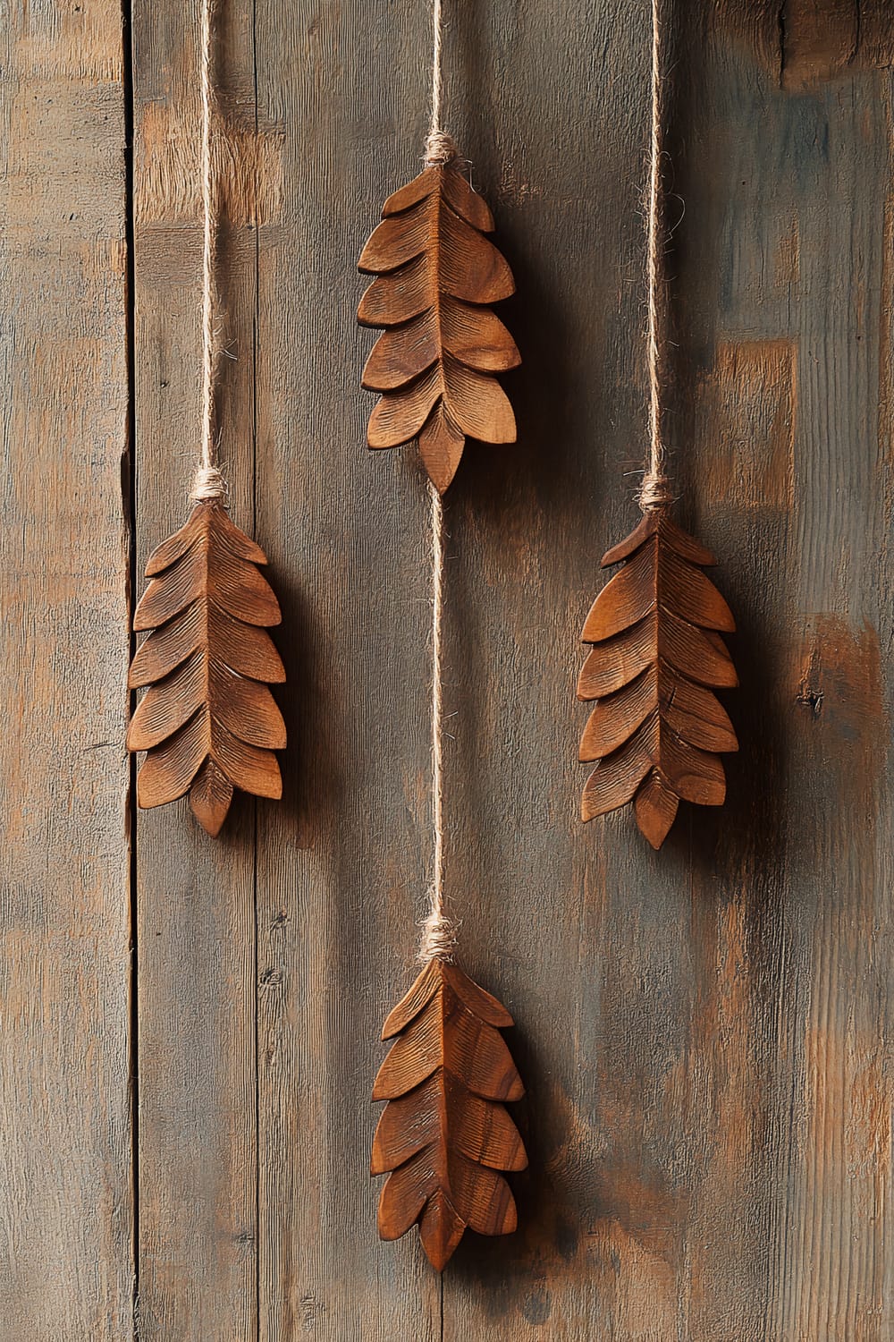 Three hand-carved wooden evergreen shapes are connected with twine and arranged vertically on a rustic, reclaimed wood wall. The scene is bathed in warm evening light, highlighting the textures of the wood and the natural finish of the carvings.