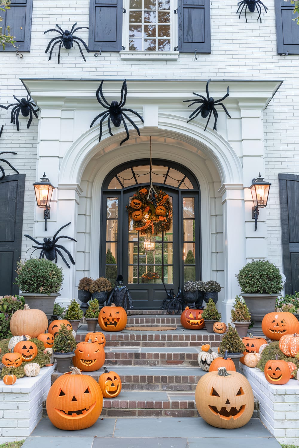 The image shows a grand entrance of a white brick house decorated for Halloween. The doorway is adorned with a festive wreath featuring pumpkins, and large black spider decorations are attached to the walls around the entrance. The steps are lined with an array of pumpkins carved into jack-o'-lanterns, of various sizes and expressions. Two traditional lantern lights are mounted on either side of the entrance, adding a warm glow to the display. Additionally, potted plants and topiaries flank the steps, enhancing the seasonal decor.