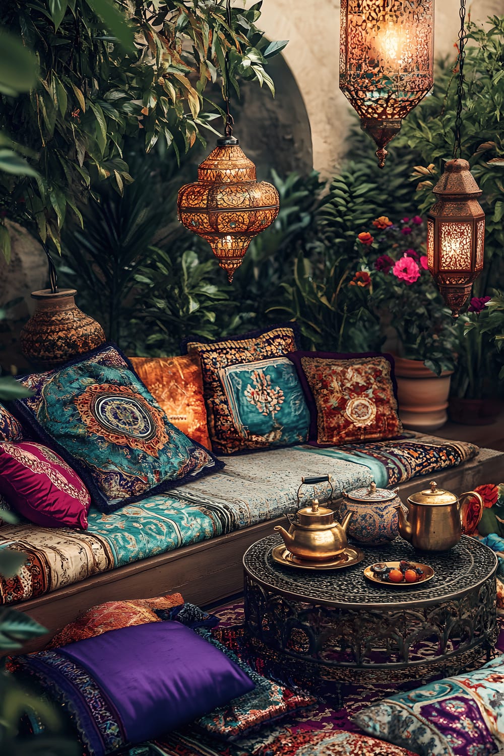 A top-down view of a Moroccan-inspired lounge with richly patterned floor cushions on a wooden platform. An ornate side table is adorned with a brass tea set and colorful ceramics. Surrounding the seating area are potted plants and luminous lanterns.