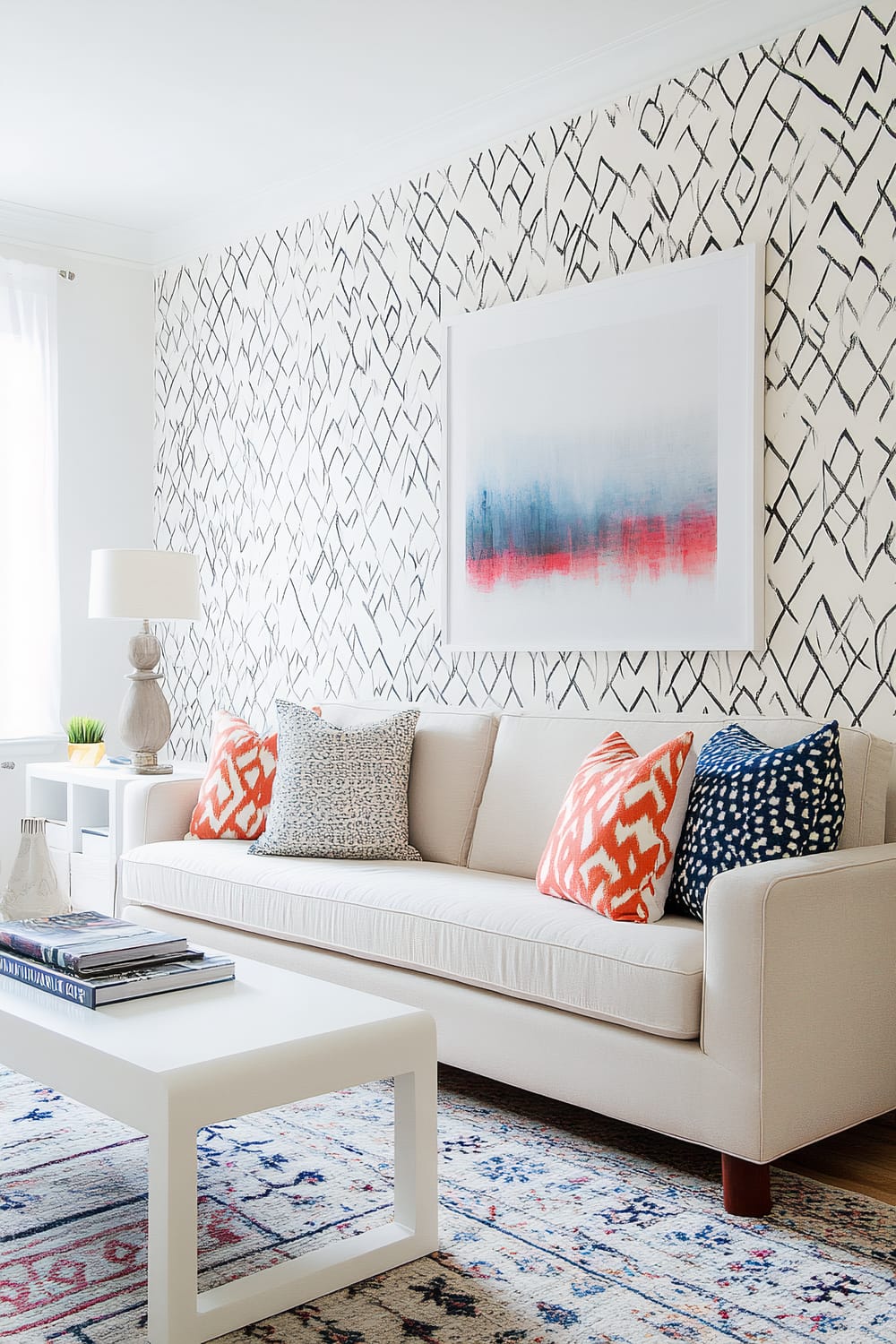 A modern living room featuring a neutral sofa with colorful patterned cushions, a white minimalist coffee table, geometric wallpaper with black abstract patterns, a piece of abstract artwork, and a lamp with a sculpted base. There is also a patterned rug on the floor enhancing the vibrant ambiance.