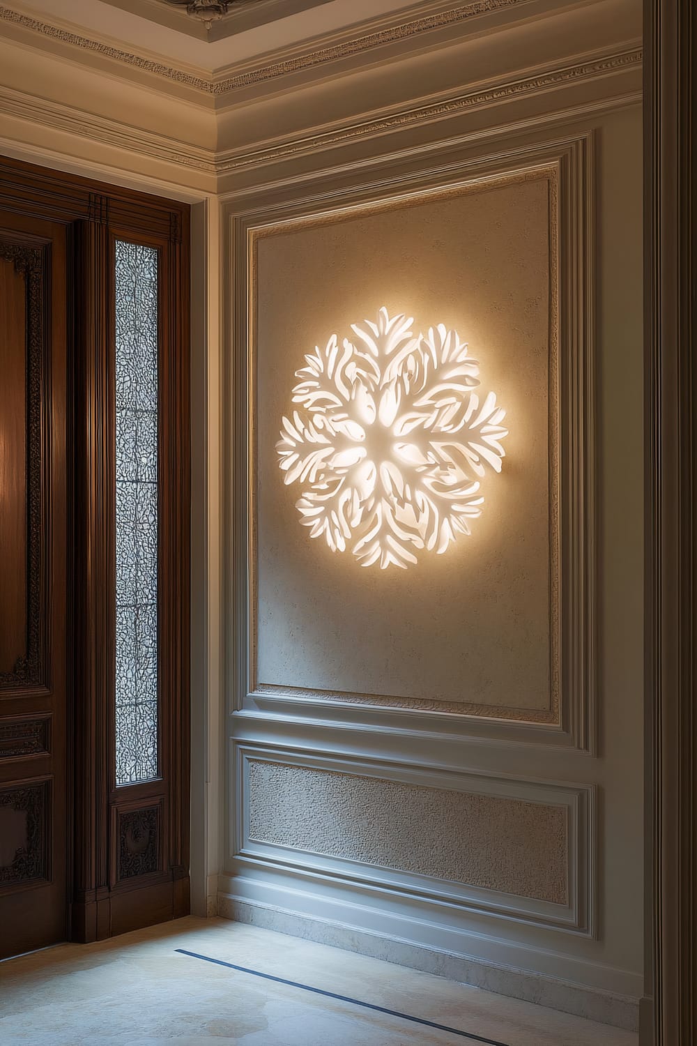 An intricate white snowflake wall sconce mounted on a richly textured plaster wall, softly glowing with warm light. The setting showcases a traditional hallway with detailed wood paneling and ornate door adjacent to the sconce. The floor is finished in polished stone tiles.