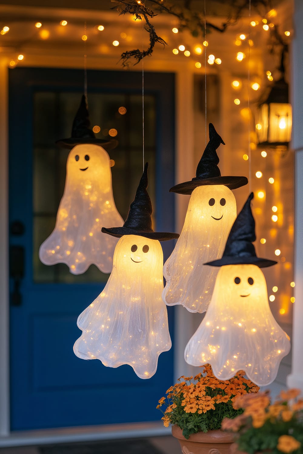 Four glowing ghost decorations, each wearing a black witch hat and smiling cheerfully, are hanging in front of a house. The background features a blue door adorned with warm string lights and potted orange chrysanthemum flowers nearby.