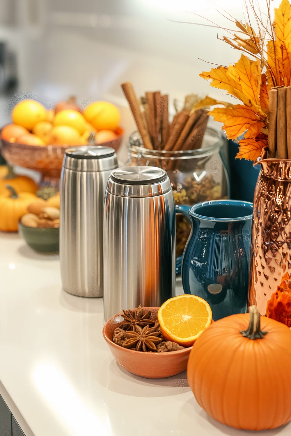 A modern Friendsgiving beverage station on a sleek white countertop featuring three metallic silver thermoses filled with hot beverages. There are orange slices and star anise in a small bowl, a small pumpkin, and a deep red ceramic pitcher. In the background, there are cobalt blue glass dispensers, a bowl with fresh citrus slices, and cinnamon sticks in a copper green decorative bowl. Some autumn leaves are in a vase. The setup is illuminated with soft under-cabinet lighting against a clean white backsplash.