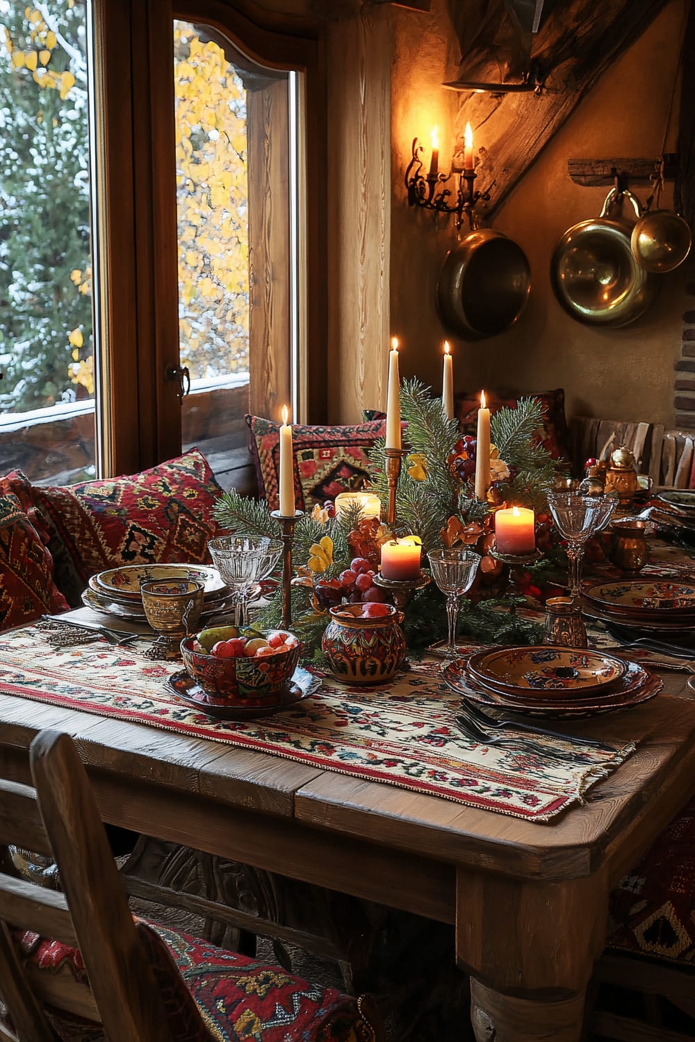 An intimate, rustic dining area is showcased, featuring a wooden table set for a meal. The table is adorned with intricate patterned textiles, rustic pottery, and ornate glassware. Warm, lit candles and a centerpiece with pine branches, berries, and fruits enhance the cozy atmosphere. The dining area is surrounded by plush, patterned cushions, with a large window view of a snowy and autumnal landscape outside. Brass pots hang on the wall, adding to the vintage feel.