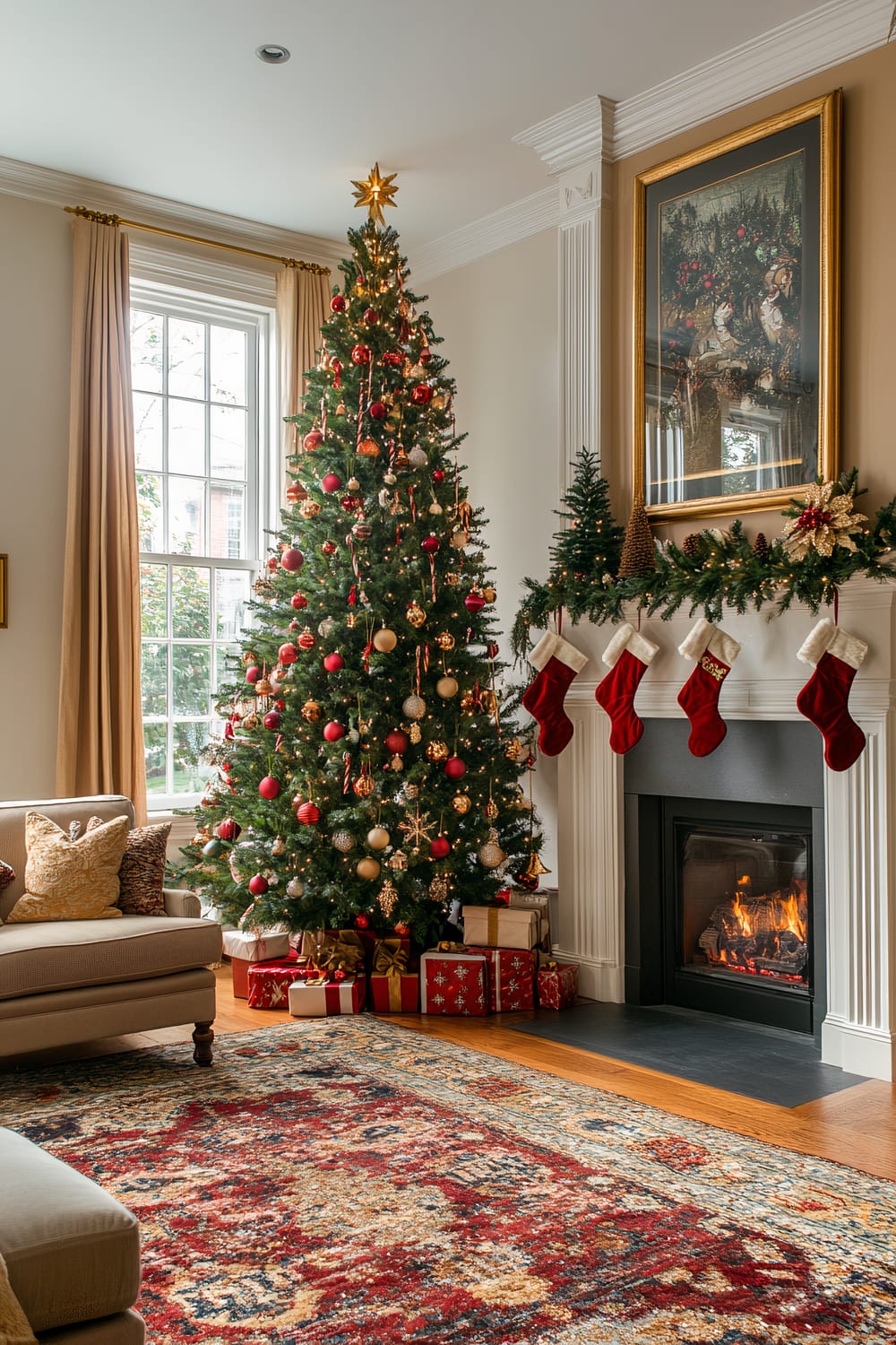 A living room featuring a tall, fully-decorated Christmas tree in front of a large window with golden curtains. The tree is adorned with red and gold ornaments and topped with a golden star. Beneath the tree are wrapped gifts in red and gold. To the right, a fireplace with a burning fire is decorated with a garland and four red stockings. Above the fireplace hangs a large framed painting. The room also includes a beige plush sofa with decorative pillows and a richly patterned red and blue area rug.