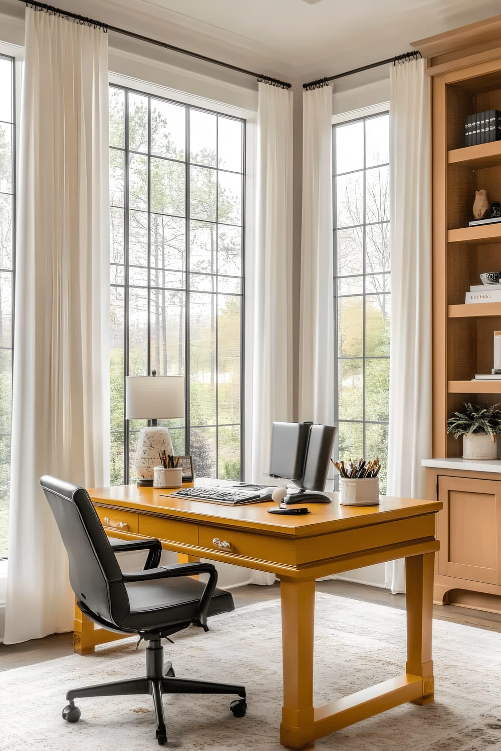 A home office space featuring a mustard yellow desk against a large window clad in white sheer curtains. The office has an ergonomic black chair and adjacent to the desk are built-in wooden shelves. The room is bright, filled with soft, diffused lighting.