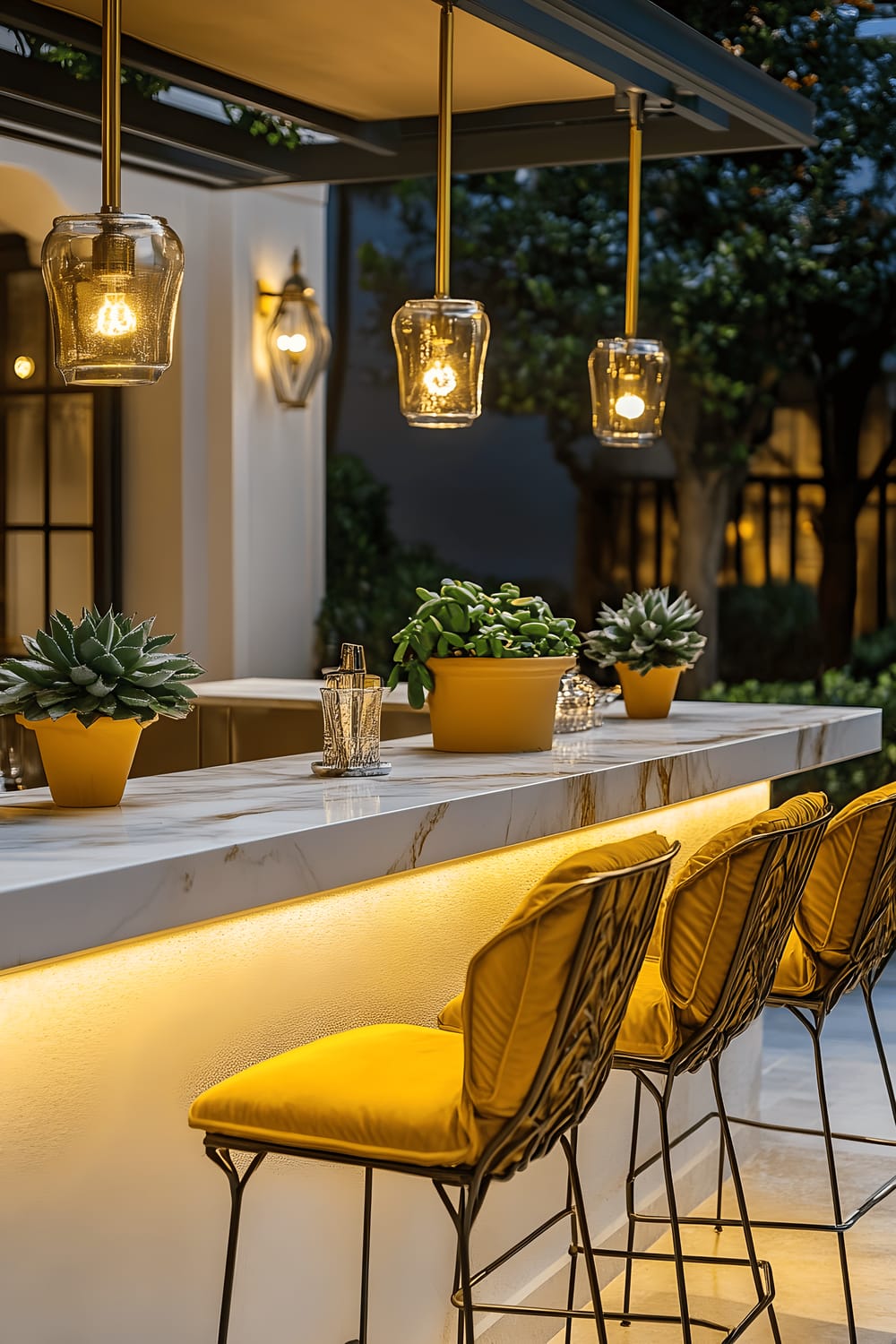 An evening view of an outdoor bar space with a modern design, featuring a smooth marble counter with golden accents, decorated with small potted succulents. The high bar stools with wrought iron frames and mustard yellow fabric cushions provide seating. Hanging clear glass pendant lights provide illuminations, enhancing the glistening highlights on the marble surface and the golden subtleties. The atmosphere is calm and inviting with a soft dusk ambience.