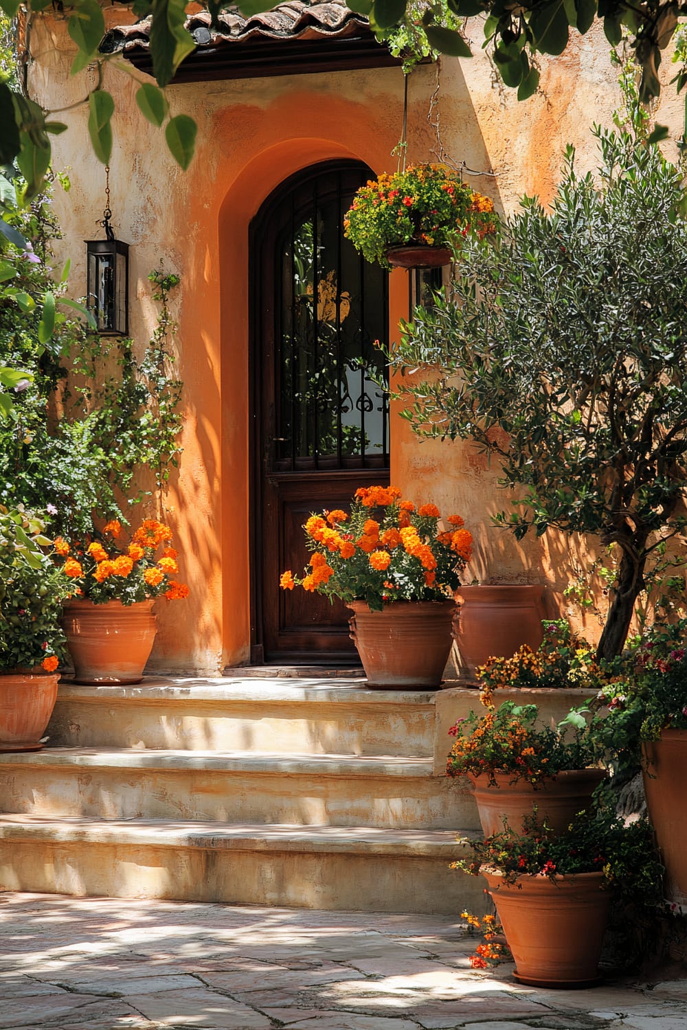 An inviting Mediterranean-style entrance featuring a wooden door framed by a warm orange stucco wall. A variety of potted plants with vibrant orange flowers adorn the steps leading up to the door, while a hanging basket with similar flowers adds color to the scene. The area is shaded by leafy greenery and surrounded by a stone pathway.