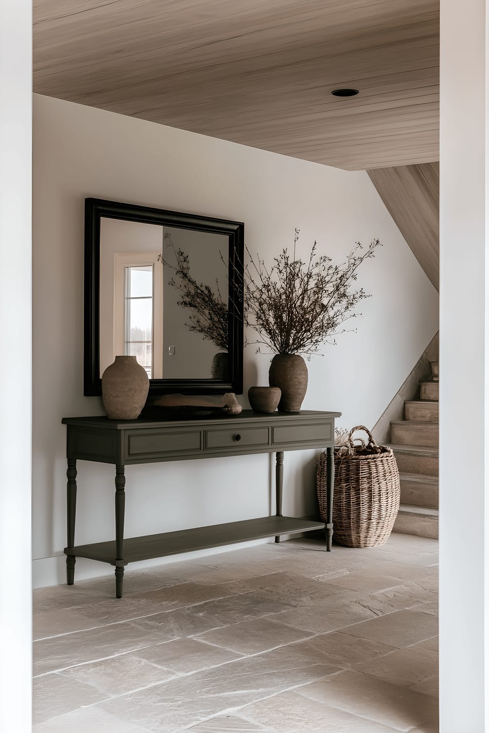 The image displays a stunning entryway featuring a bold olive green console table with a smooth tabletop and square-shaped legs. Above it, there's a rectangular, minimalist black mirror creating a nice contrast. The floor is made of natural stone in muted tones, adding richness and elegance to the setting. An overhead light with a soft glow provides a warm, welcoming atmosphere to the entrance.