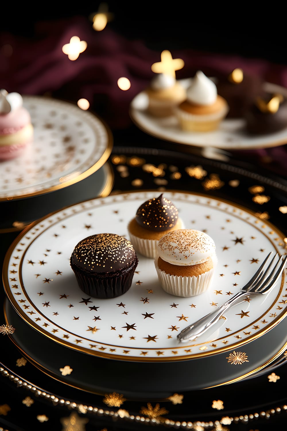 The image showcases a delightful array of three desserts sitting on gold-trimmed white dessert plates placed on a mirrored black serving tray, each accompanied by a silver dessert fork. A plate carries macarons of assorted flavors, the second holds mini cupcakes with rich frosting, and the third brimming with smooth chocolate truffles. The foreground is adorned with effervescent gold confetti pieces scattered around. The backdrop is dark plum, acting as the perfect foil to the vivid colors of the gourmet delights.