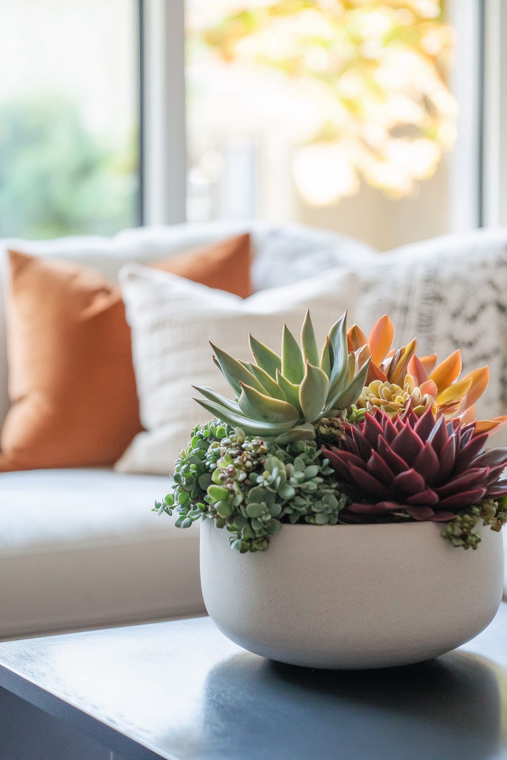 A close-up image of a succulent arrangement in a minimalist, light-colored bowl placed on a modern coffee table. The background features a white couch with rust-orange and cream pillows, set in front of a window with a soft, blurred outdoor view.