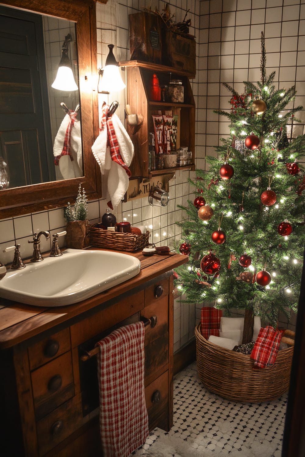 A traditional farmhouse bathroom is decorated for Christmas. It features a small vintage tree adorned with red and gold ornaments and white lights. The bathroom has wooden accessories, including a simple wood-framed mirror and a cabinet above the sink. Red and white plaid towels are hung on a metal hook, and the sink cabinet is rustic with a similar plaid towel. A woven basket under the tree holds more plaid linens.