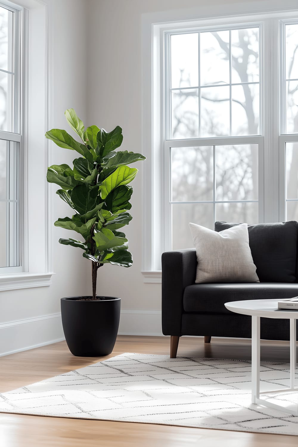 A spacious living room featuring light oak hardwood floors and white walls. A sleek, charcoal gray sofa sits against large, floor-to-ceiling windows that flood the room with natural light. Beside the sofa is a tall fiddle leaf fig tree housed in a matte black planter. In the center of the room is a minimalist white coffee table on top of a geometric white rug, with a stack of Scandinavian design books arranged on the table.