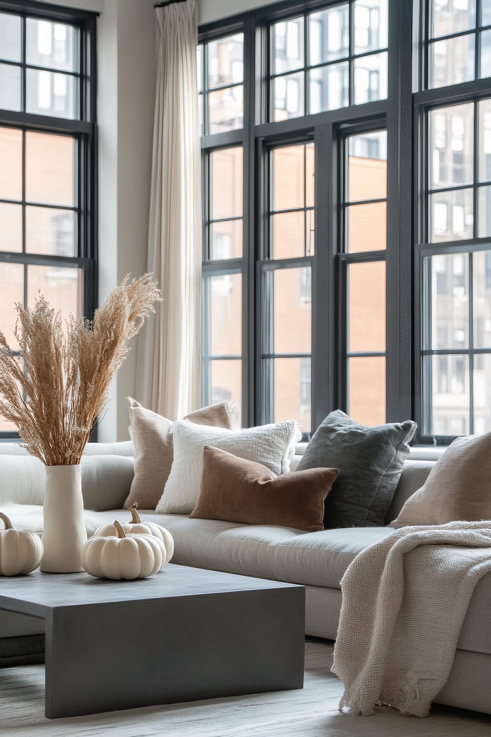 A contemporary living room features a large sectional sofa adorned with beige, white, and tan pillows. The room is illuminated by tall black-framed windows. On the dark grey, modern coffee table sits a minimalist white vase with dried pampas grass and two small white pumpkins. A cream-colored knitted throw is draped over the sofa's edge.