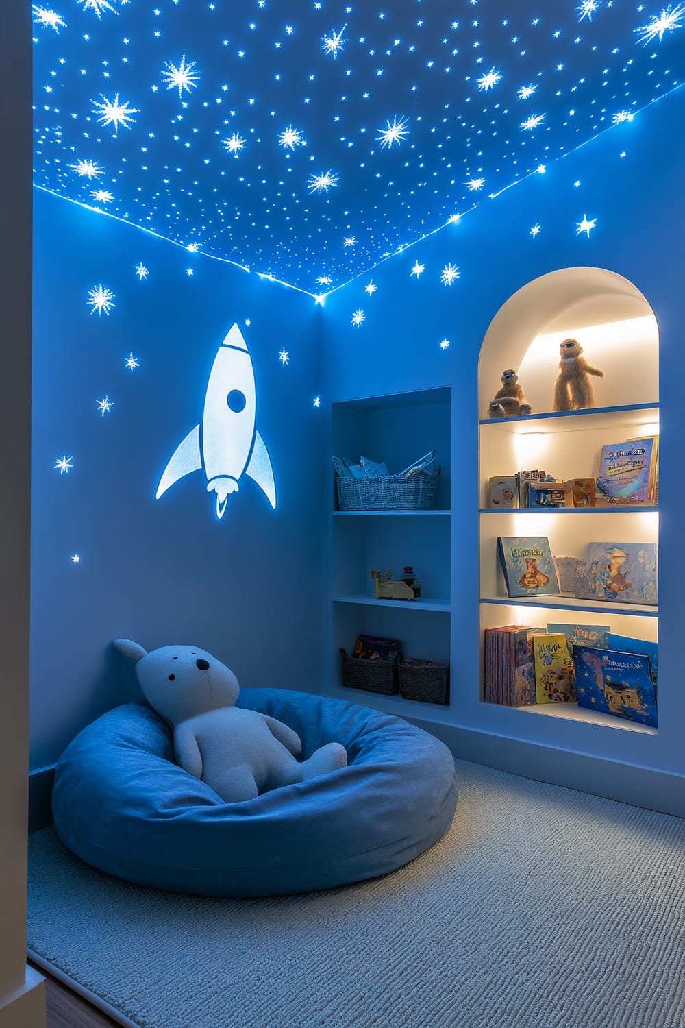 An image of a calming space-themed playroom with soft blue walls and a ceiling adorned with glow-in-the-dark star stickers. The corner of the room features a large, comfy blue bean bag chair with a stuffed teddy bear sitting on it. Beside the bean bag is a rocket-shaped wall decor that is illuminated. On one side of the wall are built-in shelves filled with children's books, some stuffed toys, and baskets.