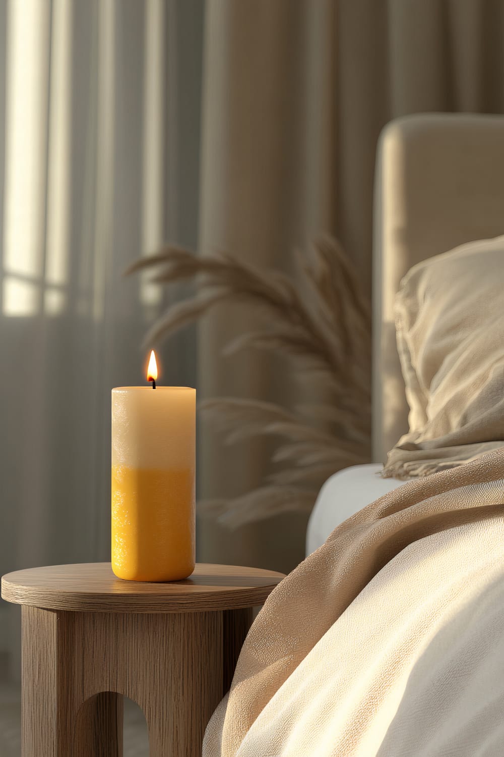 A cozy modern bedroom in soft beige tones with a single yellow candle on a wooden bedside table. Warm ambient light casts gentle shadows, illuminating simple bedding with subtle textures.