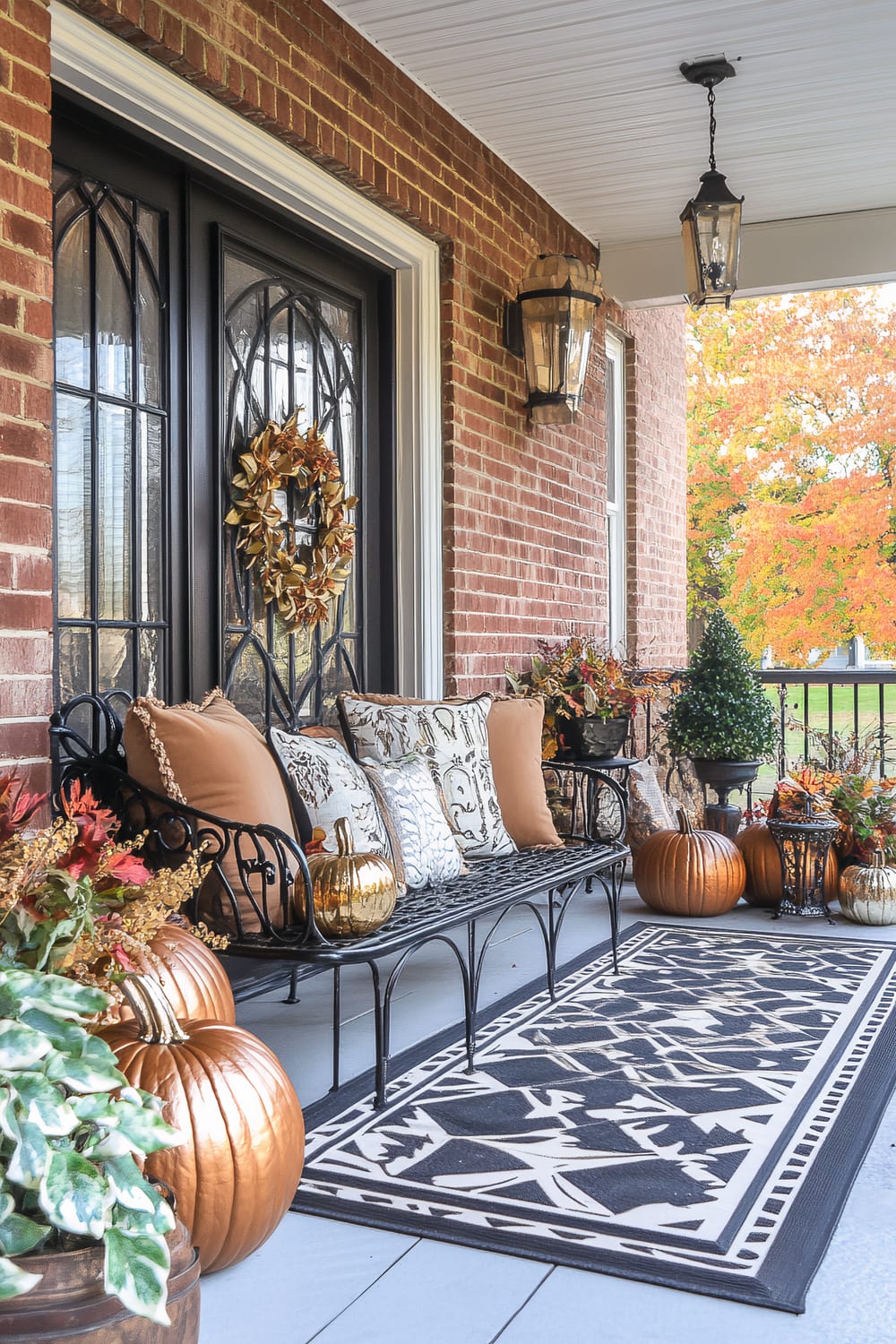 A brick porch decorated for fall with a black and white rug, wrought iron bench with cushioned pillows, pumpkins, and potted plants. A wreath hangs on the black double doors, and lanterns are mounted on the brick wall beside the doors. Colorful autumn trees are visible in the background.