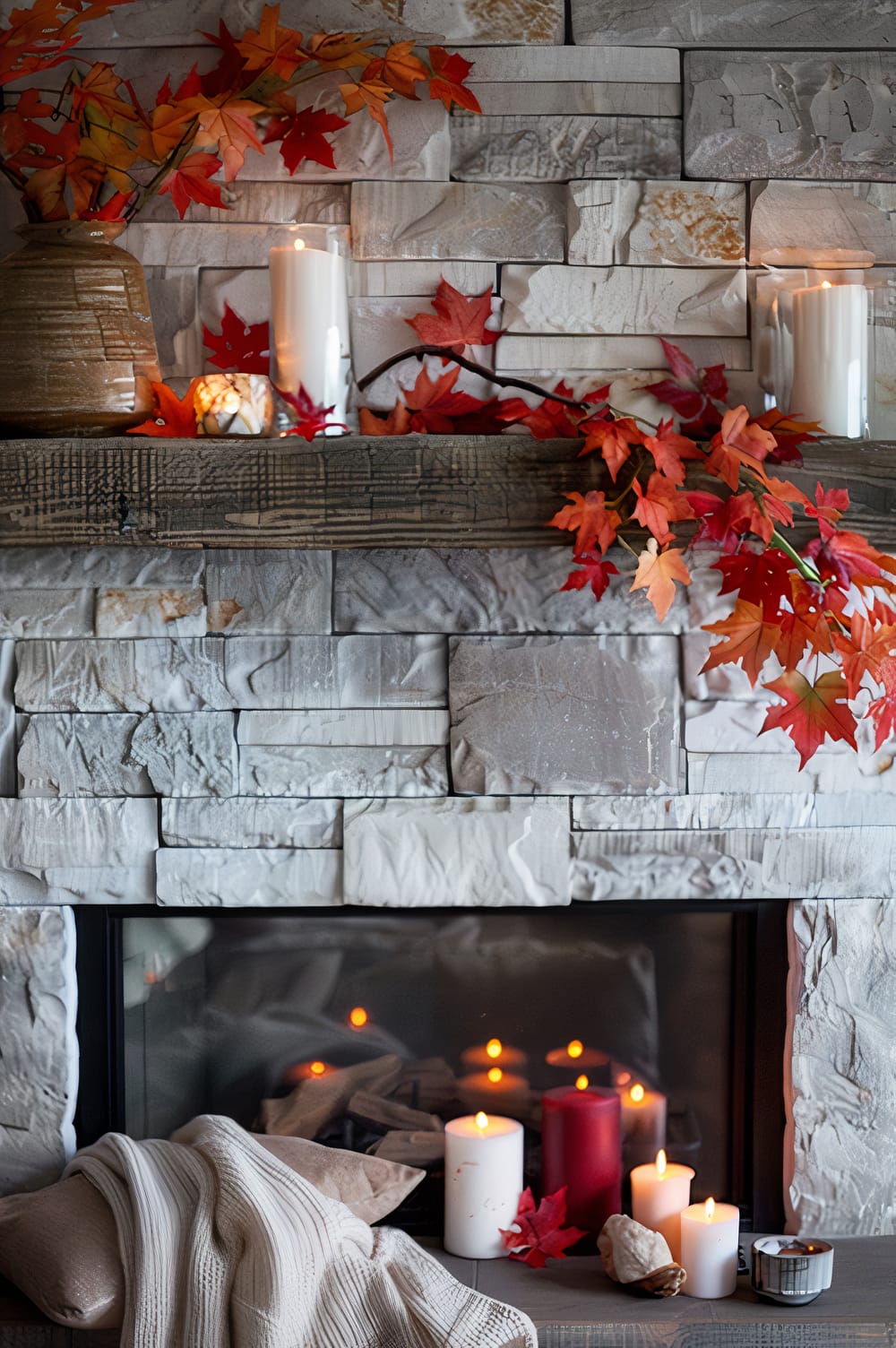 A rustic fireplace mantel decorated for autumn, featuring candles of varying sizes and colors (white and red), along with orange and red maple leaves. A cozy beige knitted blanket is draped over a pillow on the hearth, and the fireplace itself is framed by light gray stone tiles.