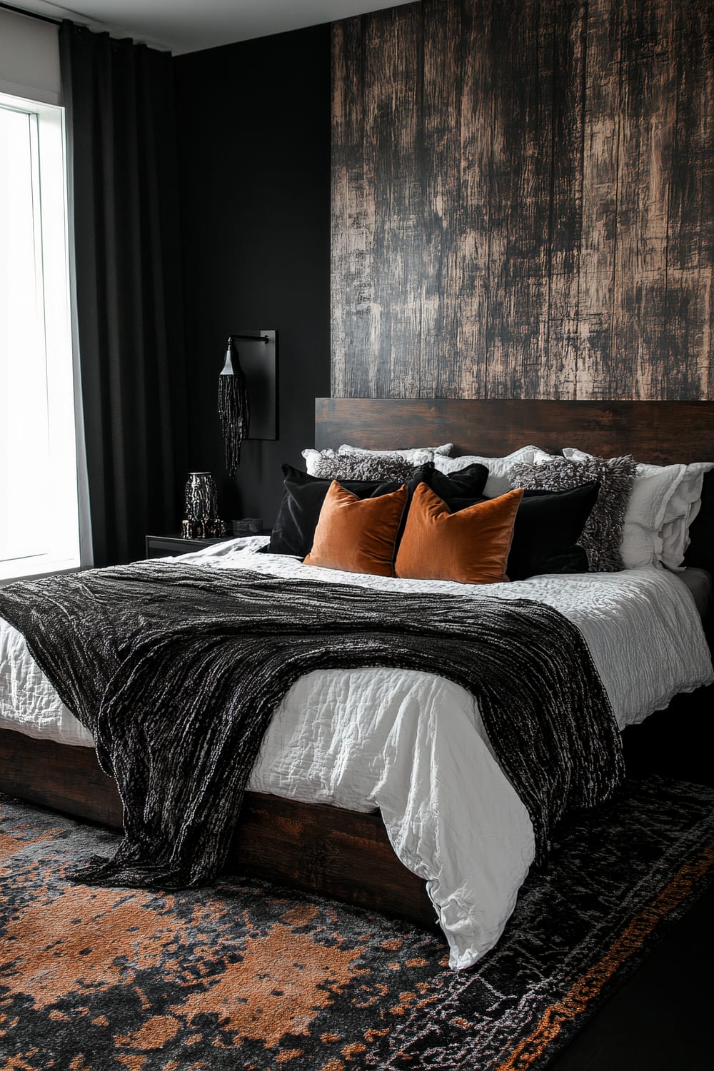 The bedroom showcases a modern, minimalist design with dark walls and dramatic, textured wallpaper behind a wooden headboard. The bed, covered with a white duvet, is neatly arranged with black and burnt orange throw pillows, as well as a chunky black knit throw blanket. The room features black curtains, a small black side table with decorative items, and a unique light fixture. A dark, patterned rug with shades of black and orange complements the overall color scheme.