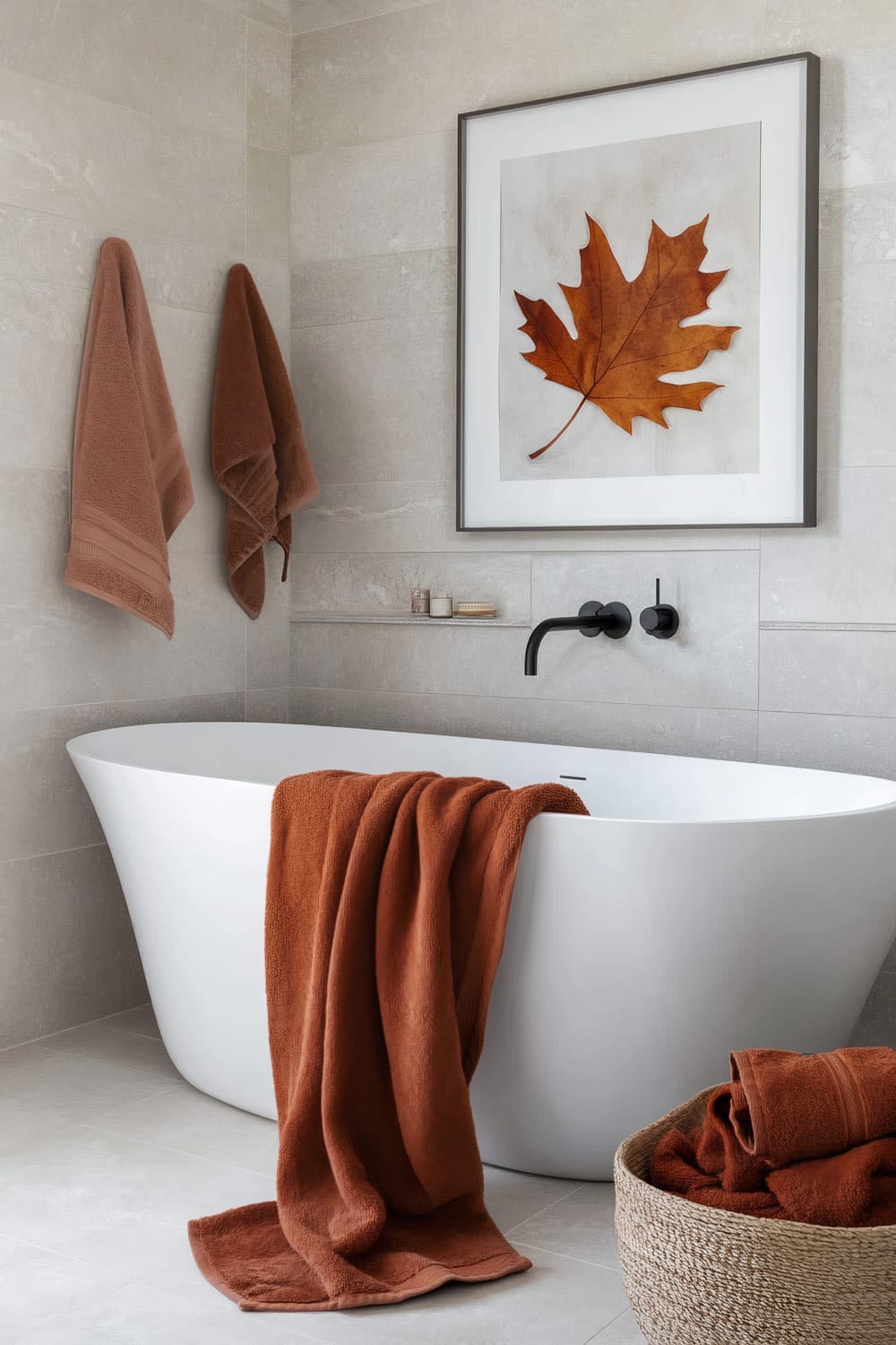 An elegant bathroom features a white freestanding bathtub with a rust-colored towel draped over its edge. Above the bathtub hangs a framed artwork depicting a large brown leaf. Next to the bathtub, on the right, is a woven basket filled with more rust-colored towels. Two additional rust-colored towels hang on the left wall. The walls and floor are clad in light beige tiles, and the fixtures are matte black.