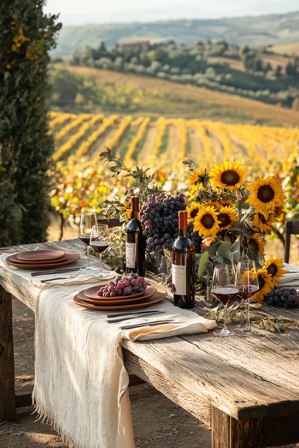 A rustic wooden table set for an outdoor meal in a vineyard, adorned with bunches of grapes, bottles of red wine, glasses of wine, and a bouquet of sunflowers. The vineyard stretches out in the background with rows of grapevines and a rolling landscape.