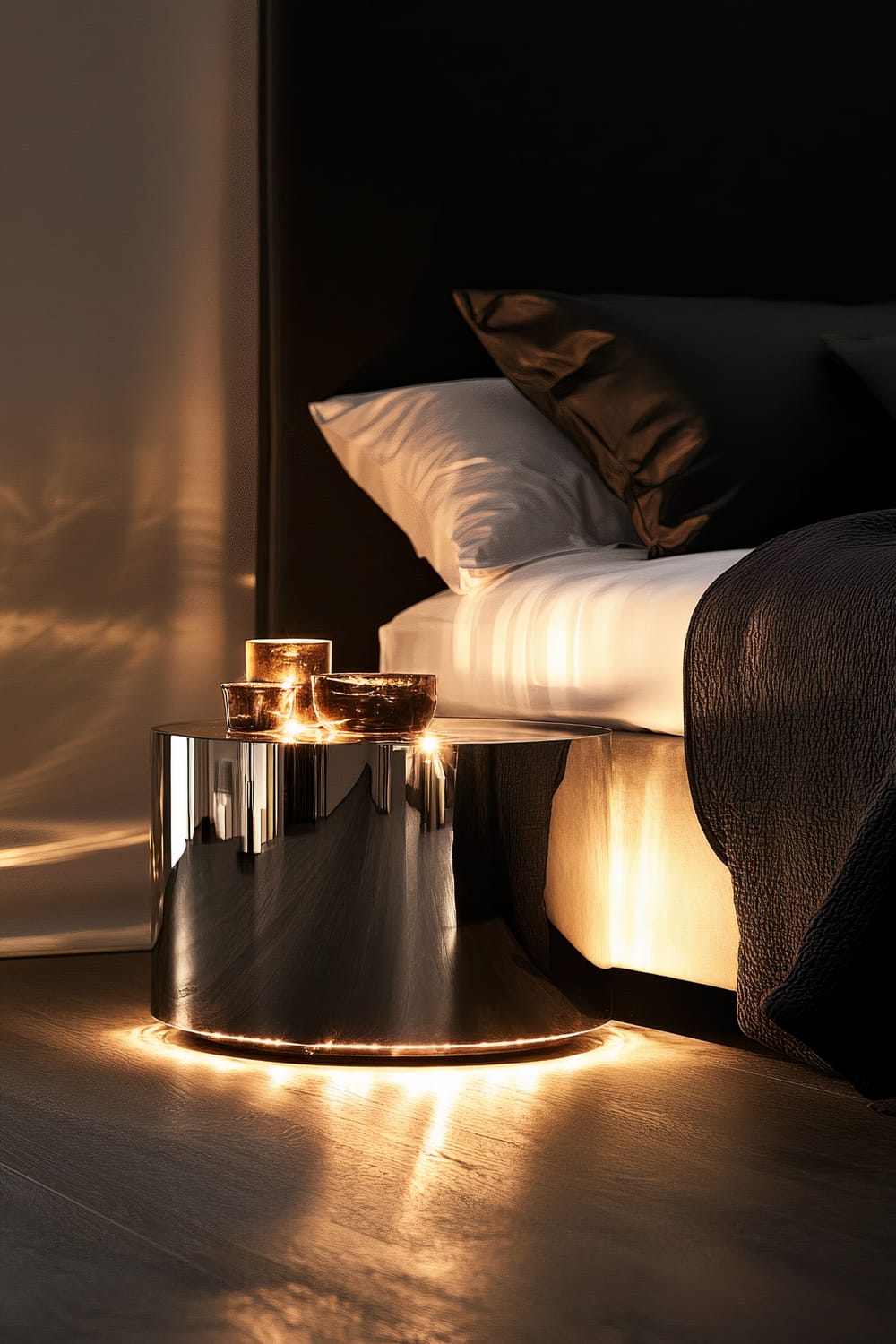 A chic aluminum bedside table with a glossy finish stands beside a sleek white bed with dark bedding. The table is illuminated by dramatic bedside lighting, creating striking reflections and shadows. The bedroom is simple with minimalistic decor and neutral tones.