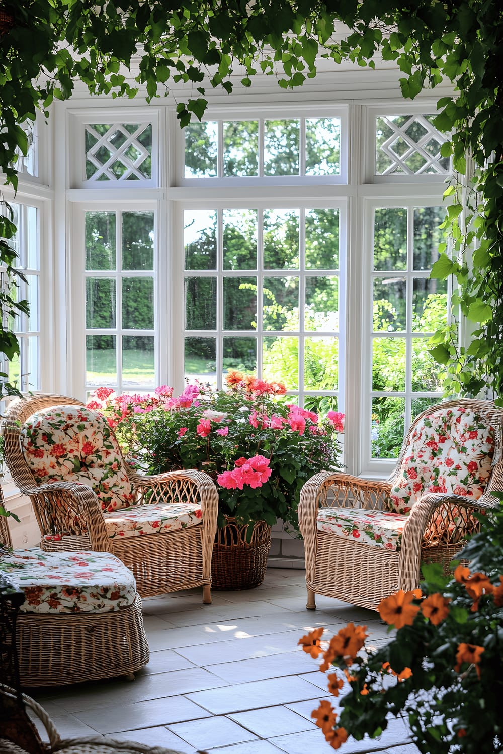 A sunlit sunroom features a view of a verdant backyard through floor-to-ceiling windows. The room is furnished with comfortably cushioned wicker chairs and a small table, while a climbing ivy graces a white trellis in the yard, set before a riot of multi-coloured flowers.