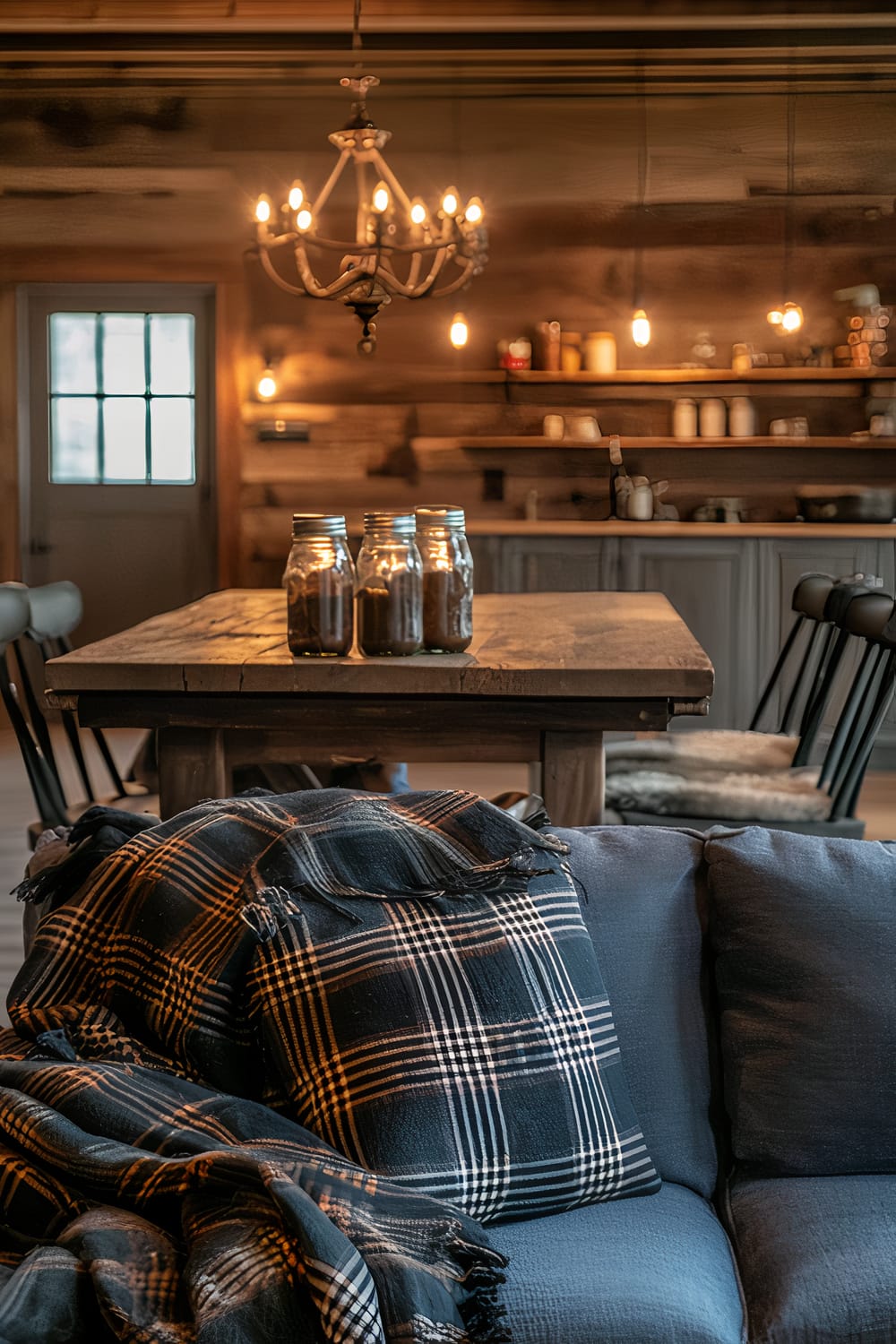 A cozy, rustic loft interior features a distressed wooden sofa adorned with two plaid throws. In the background, a farmhouse dining table with mason jars is illuminated by warm lighting from a vintage chandelier. The walls are made of wooden panels with shelves holding various items, contributing to the warm, homey atmosphere.