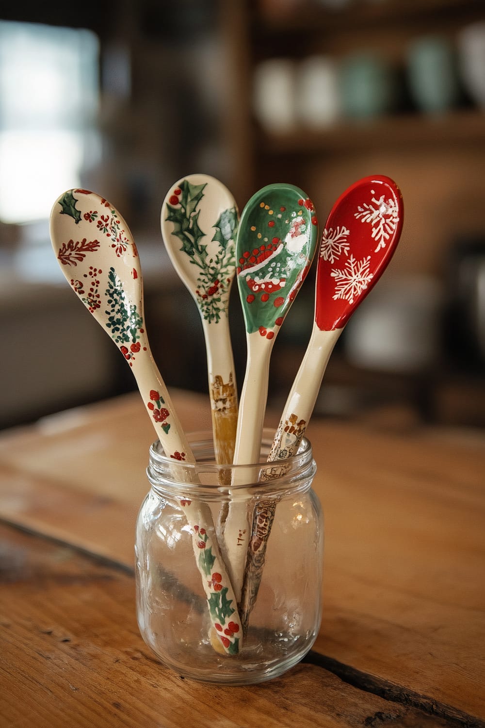 Four hand-painted ceramic spoons with festive Christmas designs are arranged in a clear glass jar on a wooden kitchen countertop. The designs feature holly leaves, snowflakes, and holiday motifs in red, green, and white colors. The background is softly blurred, suggesting a cozy, rustic kitchen setting.