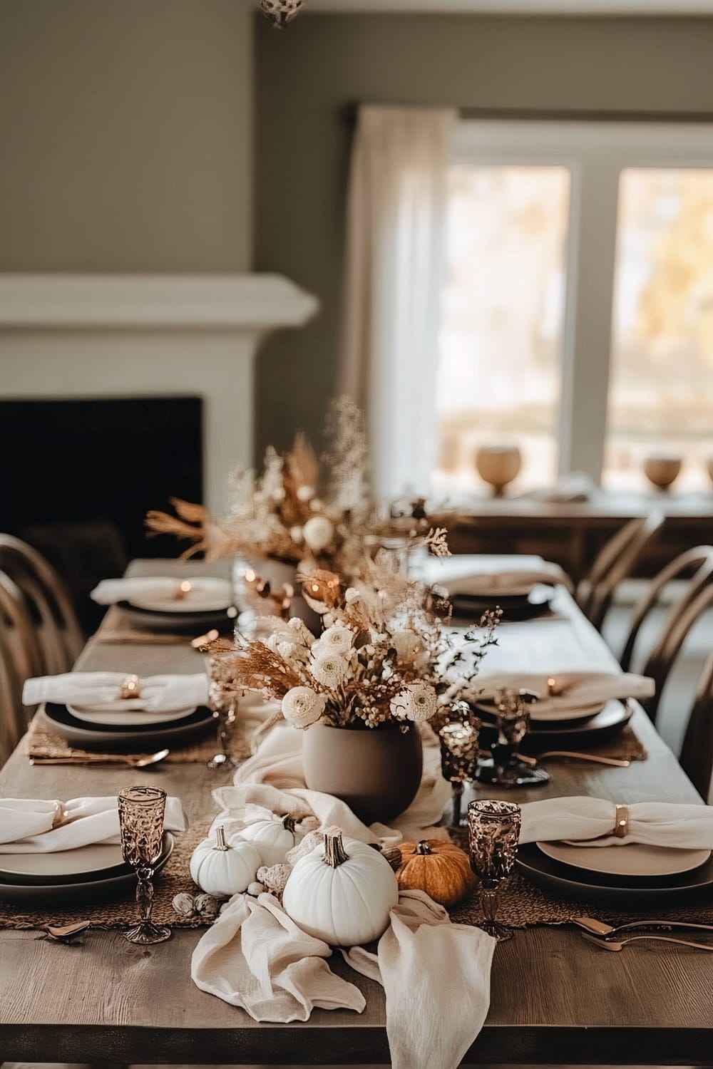 A tastefully set dining table with a rustic yet elegant theme. The table features earth-toned place settings with cloth napkins. Decorative elements include autumnal flower arrangements in neutral vases, white and orange pumpkins, and soft, beige fabric runners. The background shows a white mantelpiece and large windows with light beige curtains letting in natural light.