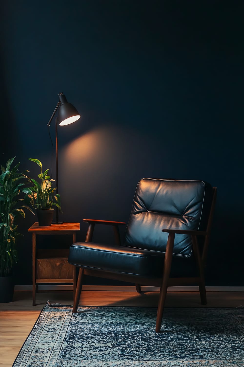 A modern room with a black leather armchair, which is the focal point. A stylish floor lamp emits a warm glow on the dark navy blue walls. To the left of the chair is a wooden side table with a small potted plant. The floor is covered with a light wooden texture and a patterned area rug.