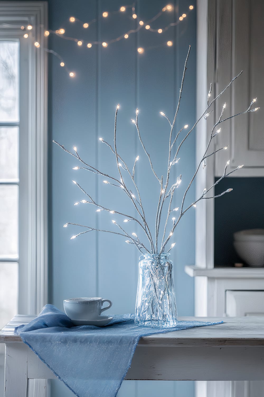 A minimalist interior scene featuring a white wooden table with a blue shimmery cloth, a white teacup and saucer, and a clear glass jar with illuminated branches. The background includes a light blue wall with string lights and part of a window and cabinet in a soft-focus.