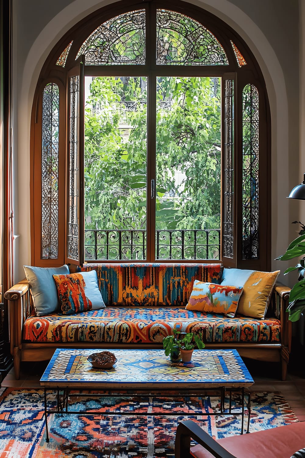 A vibrant small living room inspired by Barcelona’s Modernisme architecture. The room features a colorful patterned sofa with intricate designs and wooden frames. A mosaic-tiled coffee table with artistic patterns sits in front of it, accompanied by a sleek metal lamp. Large arched windows with decorative ironwork allow natural light to enter from two angles, bathing the room in a warm glow that highlights the rich colors and artistic details of the space. The color palette includes bold blues, oranges, and earthy tones.