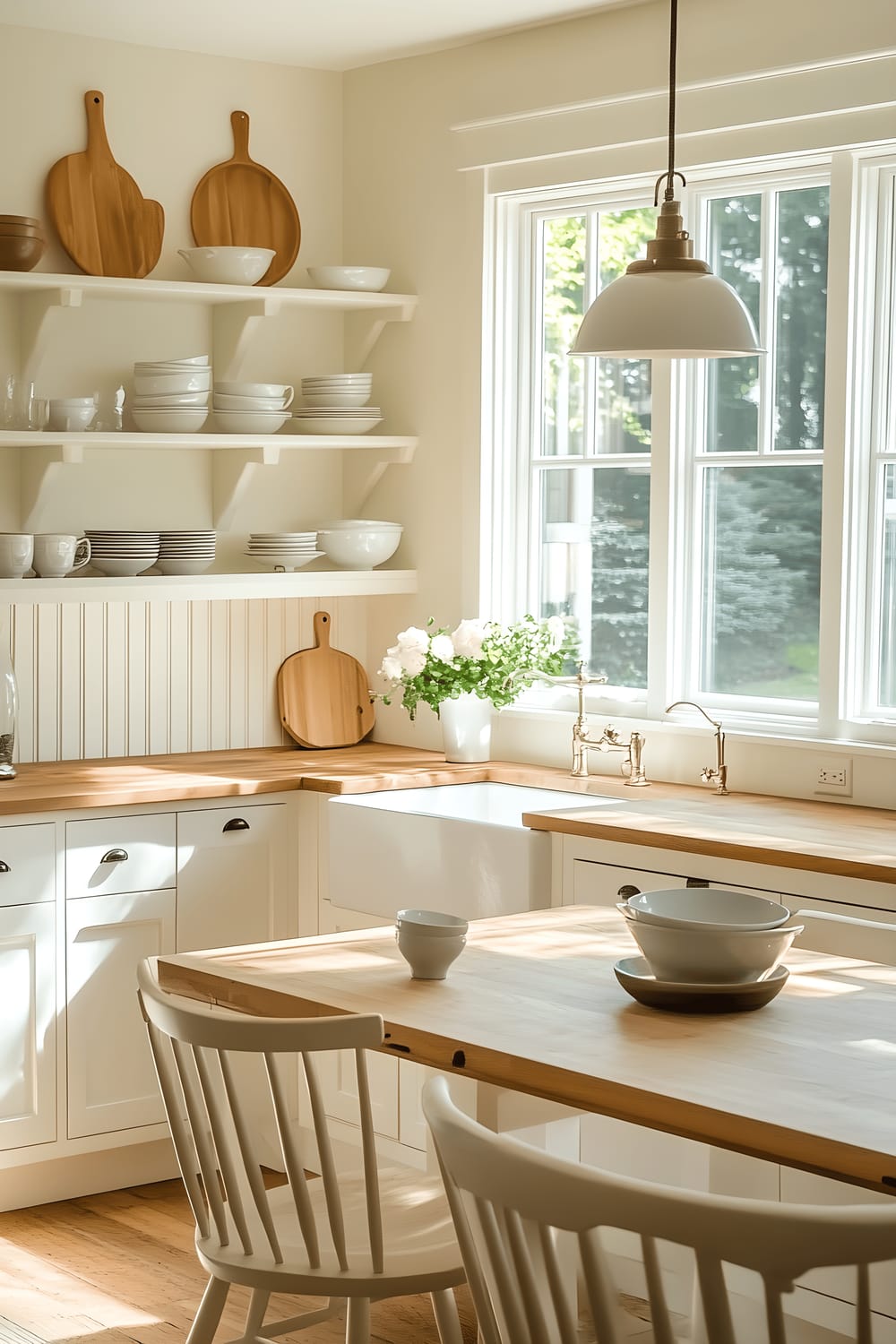 A charming vintage-style Scandinavian kitchen featuring white cabinetry, light wooden countertops, and a rustic farmhouse table with two chairs. Above the table hangs a classic pendant light fixture, and open shelves on the wall showcase an array of neatly arranged ceramic dishes. The room is bathed in soft natural light, creating a bright and welcoming atmosphere.