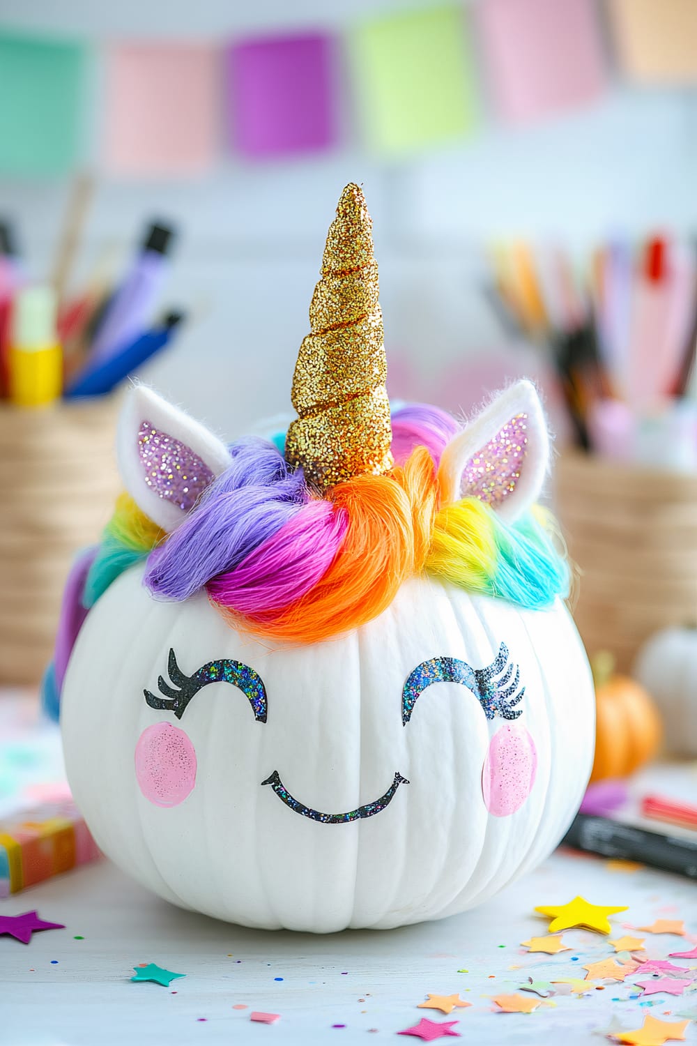 A white pumpkin decorated to look like a unicorn. It has a golden glittery horn, rainbow-colored hair, sparkly ears, and a friendly, smiling face with glittery eyes and pink cheeks. The background has blurred art supplies and colorful paper decorations.