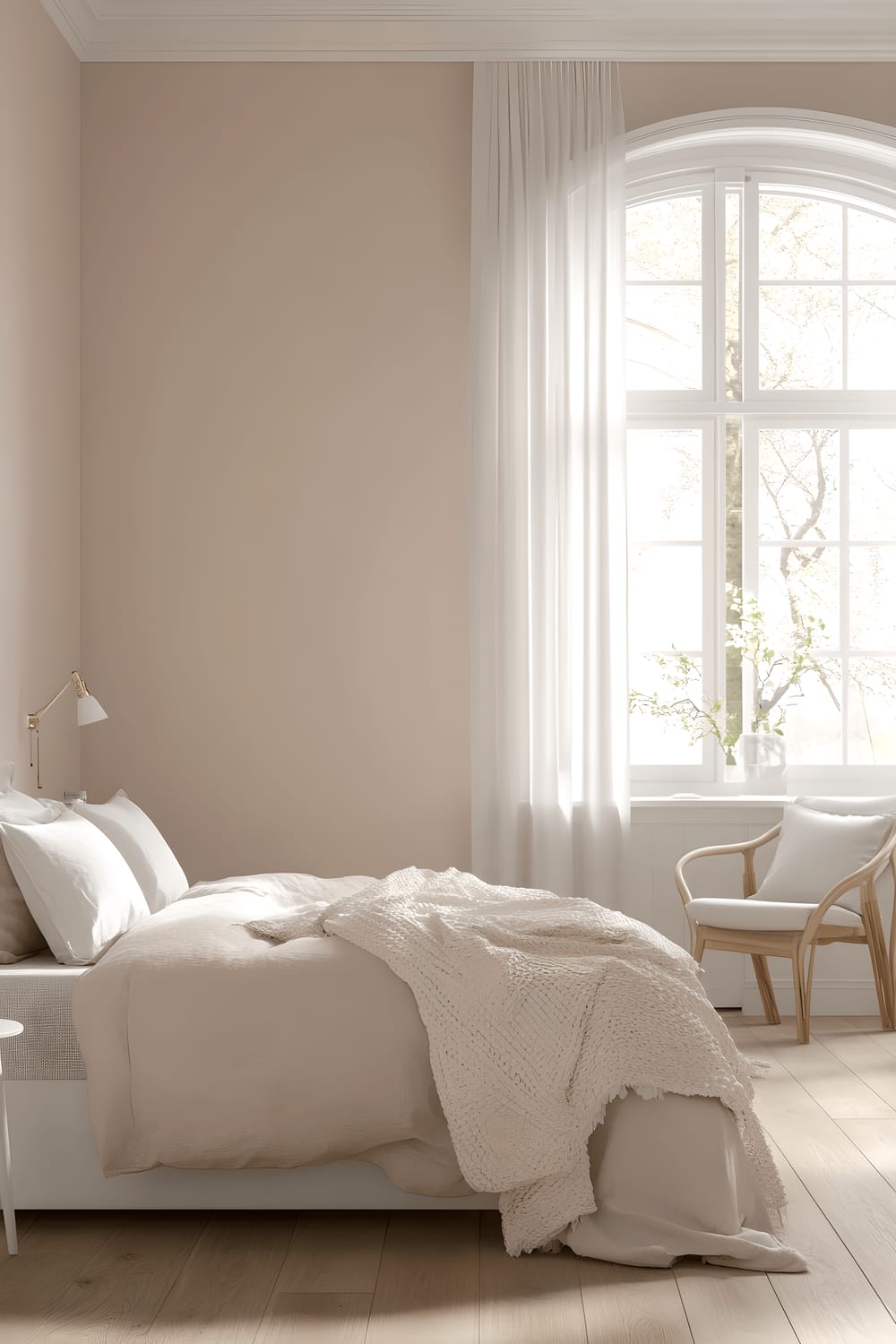 A serene Scandinavian-style bedroom with blush pink walls and a white platform bed adorned with soft blush pink linens and a textured ivory throw blanket. The room features a sleek white bedside table with a small pastel mint lamp, and a seating nook with a light grey armchair and a delicate blush pink cushion. Large windows with sheer white curtains fill the room with natural light, enhancing the gentle color scheme and light wood flooring.